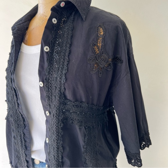 Tricia Fix for re_nuuly upcycled Black Lace Trim Button-Up Shirt sz M - Picture 8 of 12